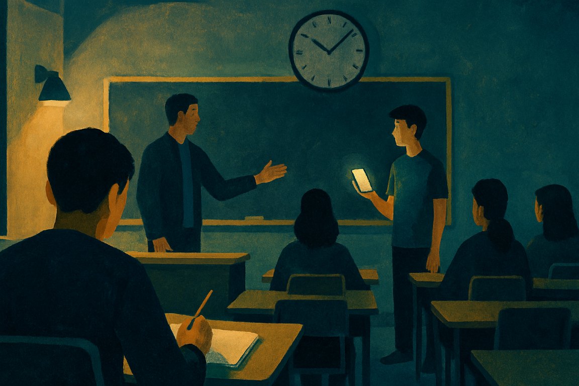 Illustration: A teacher and a student in a standoff over a phone while the class waits