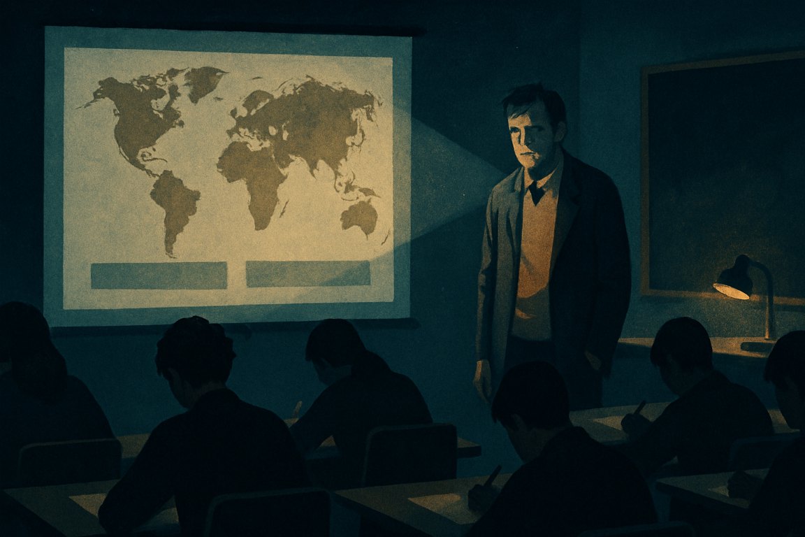 Illustration: A dim classroom copying notes from an old projected slide