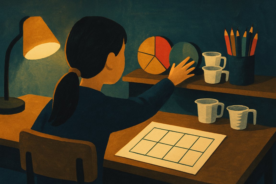 Illustration: A girl with a worksheet reaching toward fraction pieces on a shelf