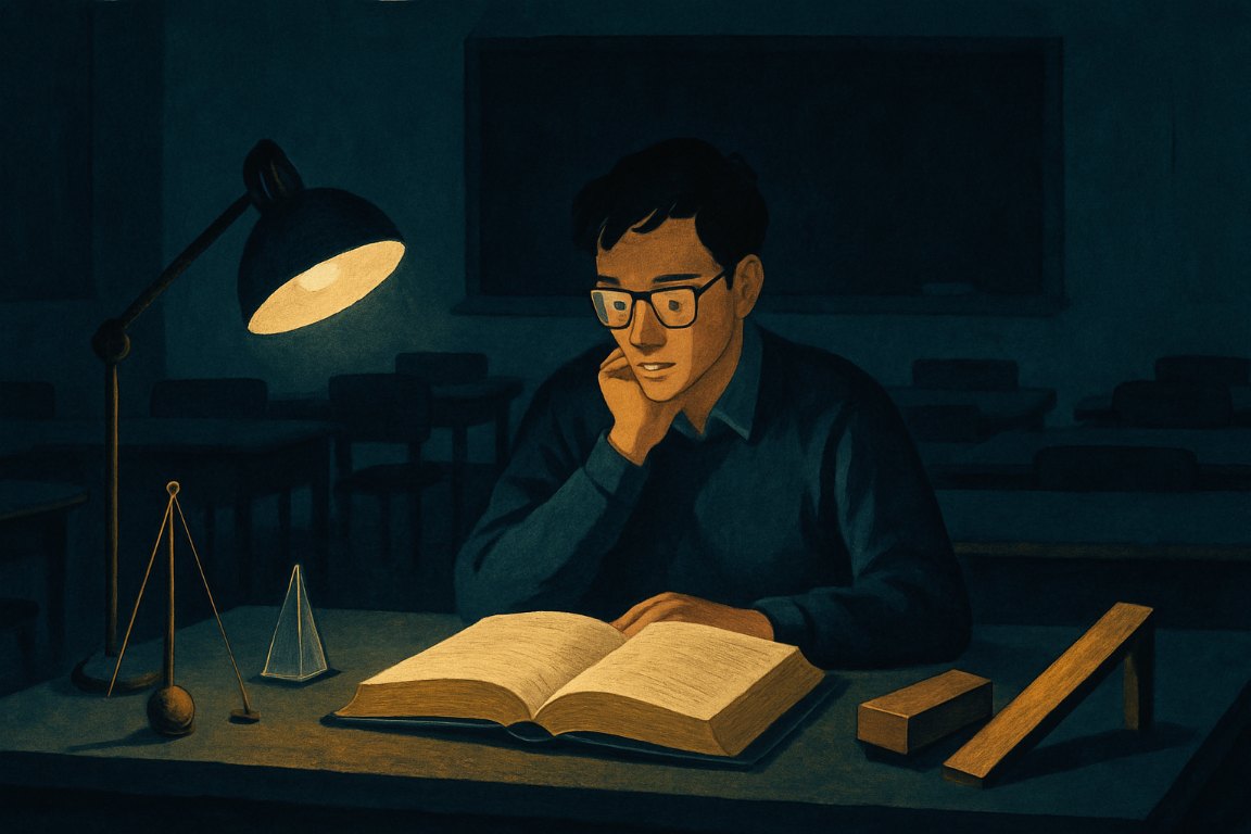 Illustration: A young teacher alone at night with a textbook and physics apparatus