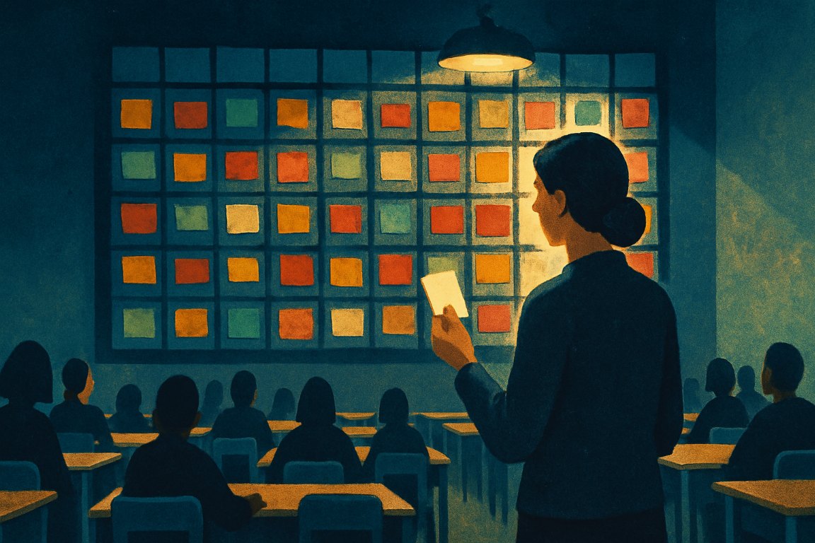 Illustration: A teacher before a wall calendar with every square already filled
